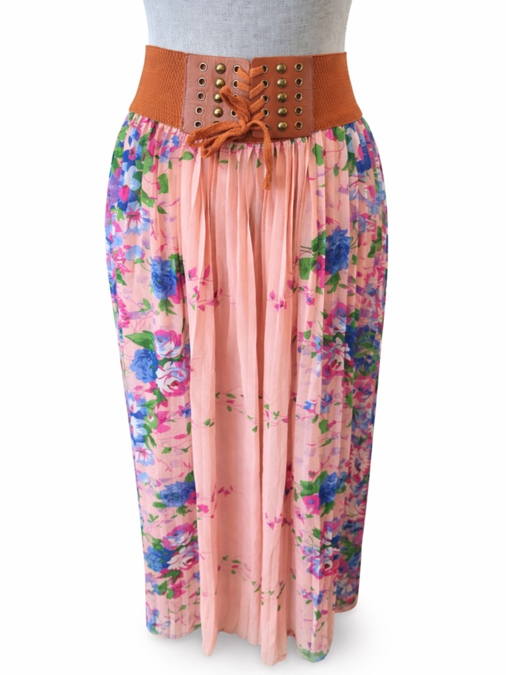 Magic Boho Floral Pleated Maxi Skirt Corset Waist Pink Cottagecore Women’s L
